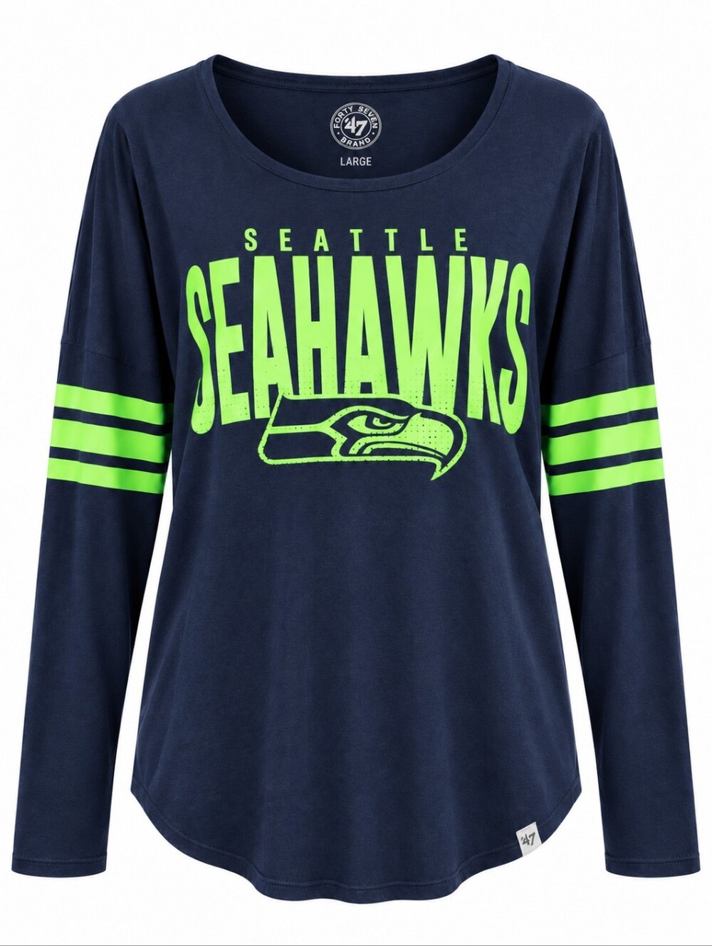 47 Brand Women's Seattle Seahawks Navy Long Sleeve Tee with Neon Green Logo NWOT
